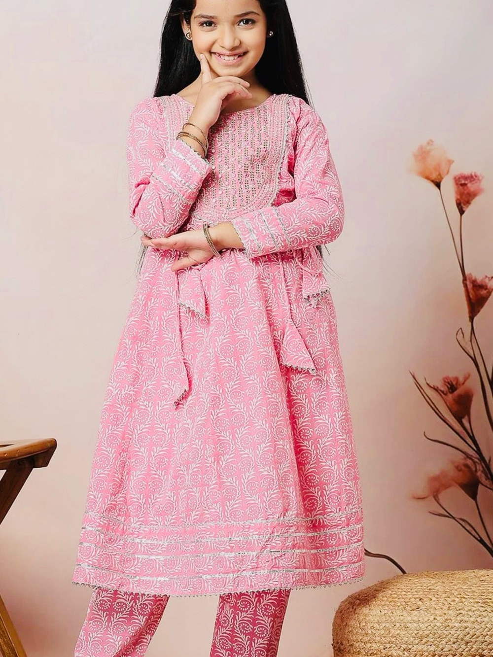 Girls Floral Embroidered Mirror
Work & Gotta Patti Pure Cotton kurta with pant
